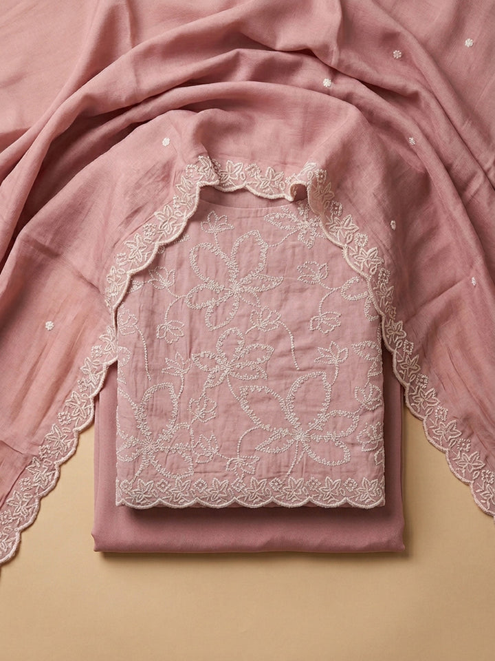 Peach Embroidery Chanderi Unstitched Dress Material