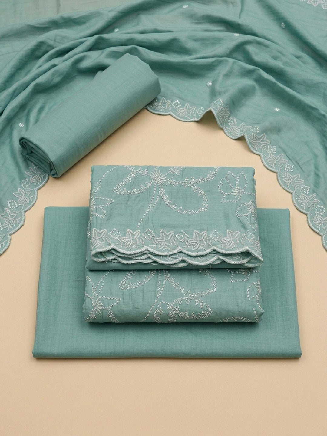 Sea Green Embroidery Chanderi Unstitched Dress Material