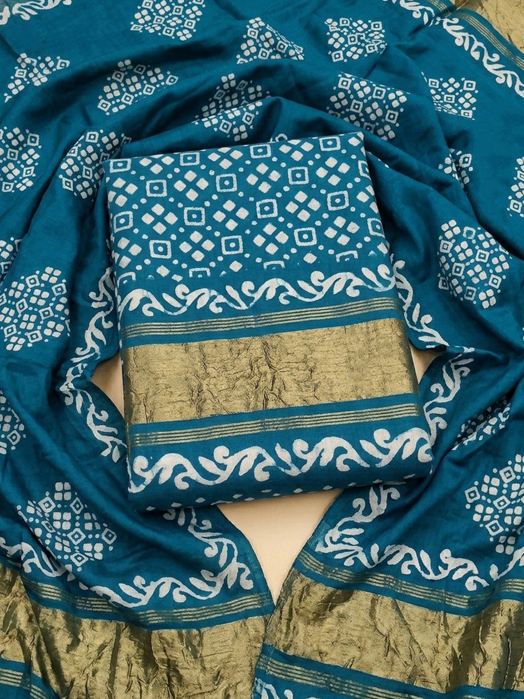Blue Printed Cotton Blend Unstitched Suit &amp; Pant With Cotton Dupatta