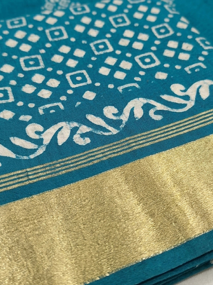 Blue Printed Cotton Blend Unstitched Suit &amp; Pant With Cotton Dupatta