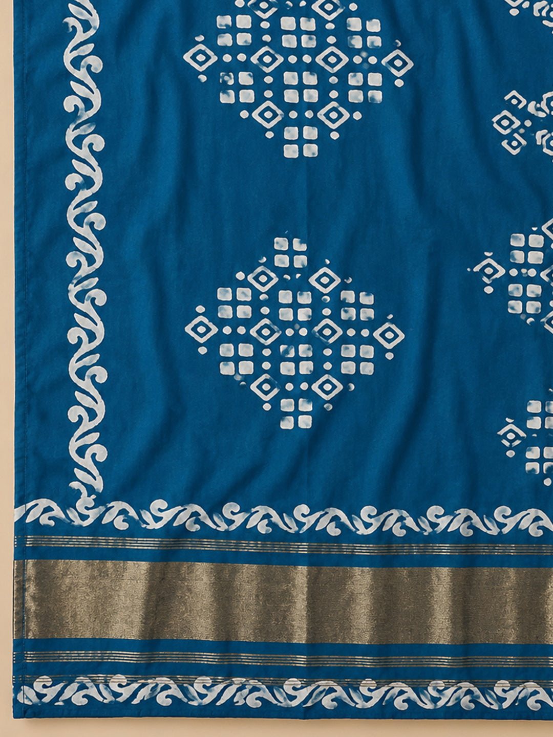 Blue Printed Cotton Blend Unstitched Suit &amp; Pant With Cotton Dupatta