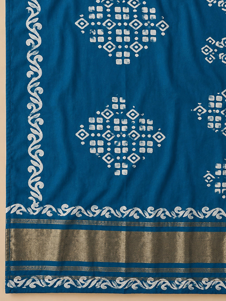 Blue Printed Cotton Blend Unstitched Suit &amp; Pant With Cotton Dupatta