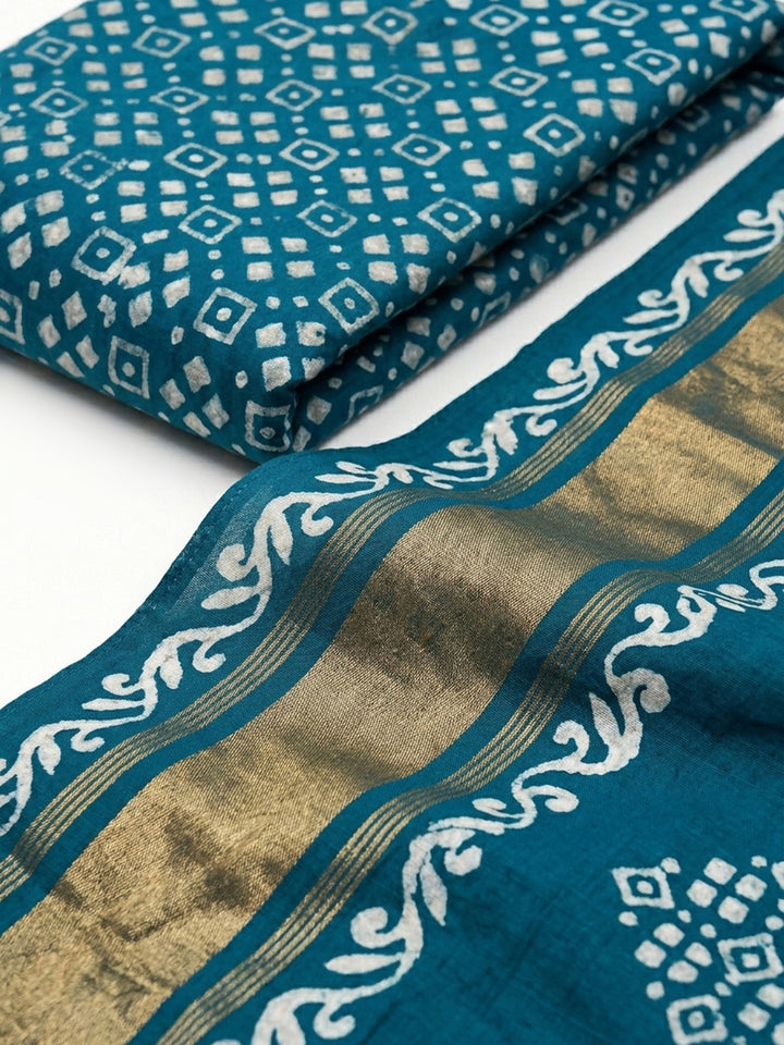 Blue Printed Cotton Blend Unstitched Suit &amp; Pant With Cotton Dupatta