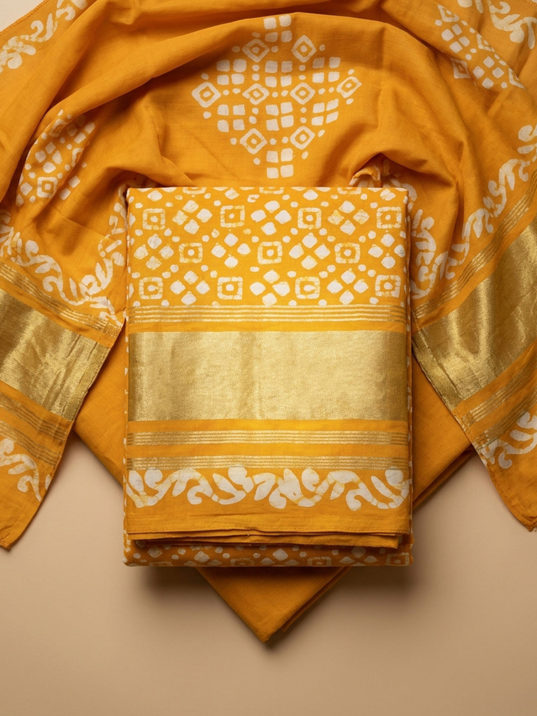 Mustard Printed Cotton Blend Unstitched Suit &amp; Pant With Cotton Dupatta