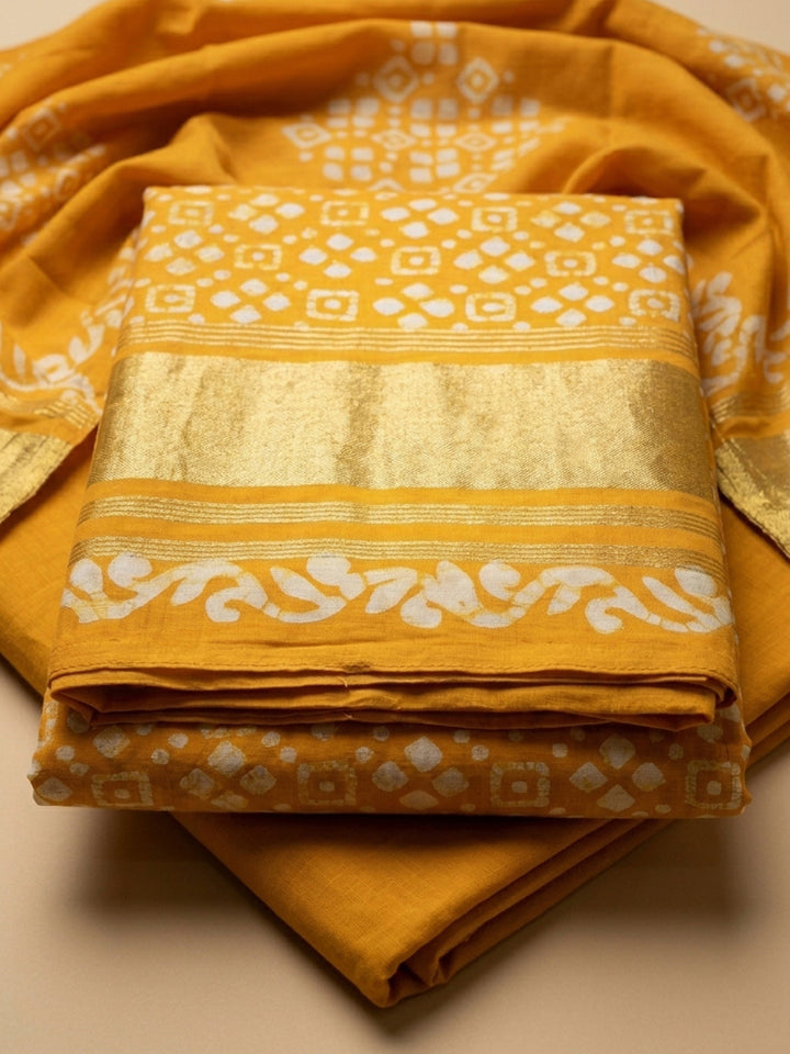 Mustard Printed Cotton Blend Unstitched Suit &amp; Pant With Cotton Dupatta