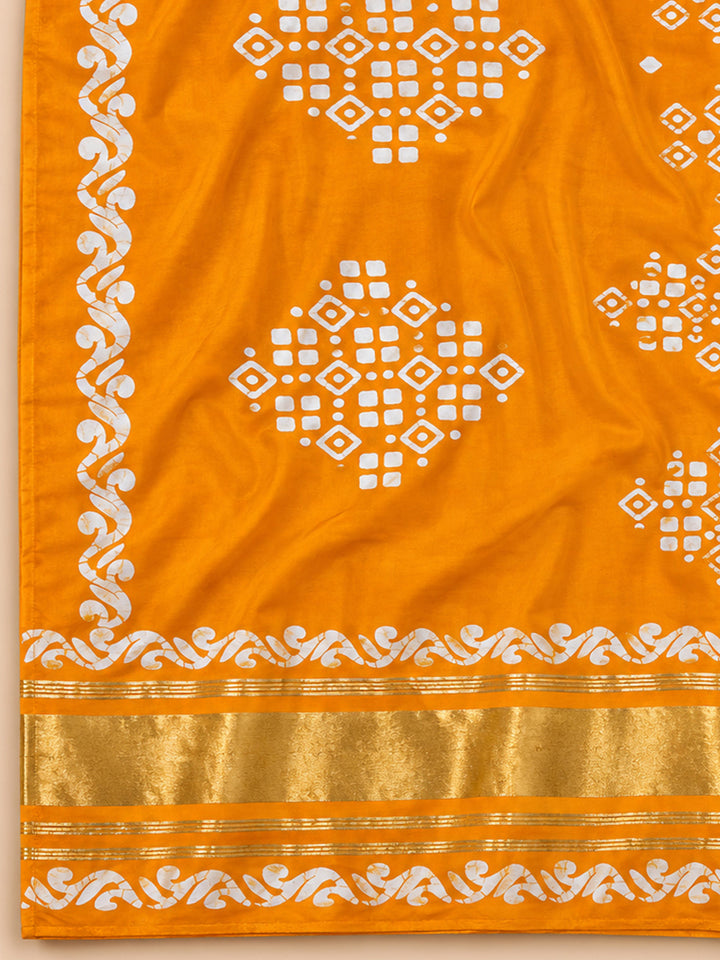 Mustard Printed Cotton Blend Unstitched Suit &amp; Pant With Cotton Dupatta