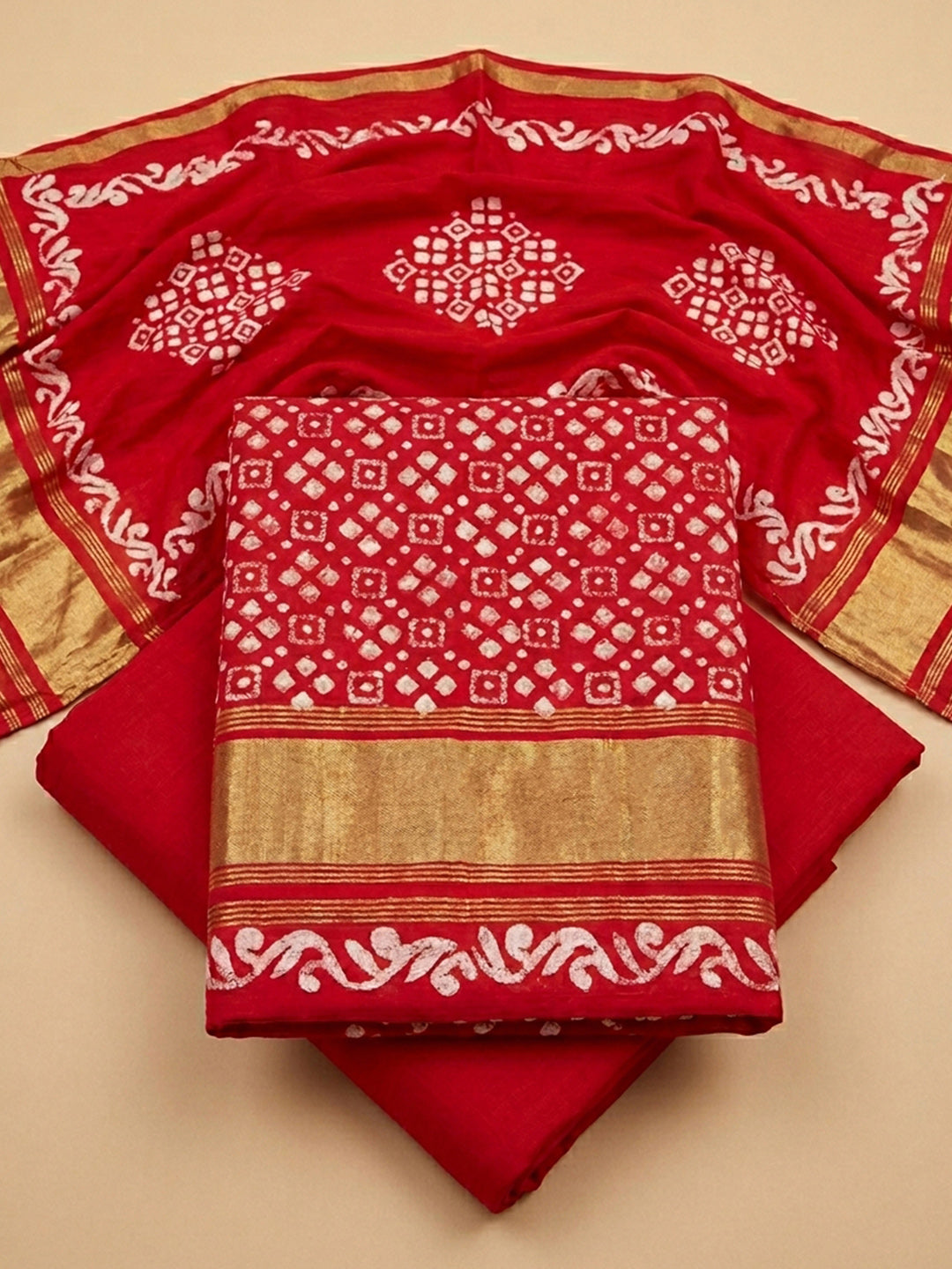 Red Printed Cotton Blend Unstitched Suit &amp; Pant With Cotton Dupatta