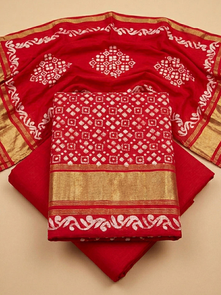 Red Printed Cotton Blend Unstitched Suit &amp; Pant With Cotton Dupatta