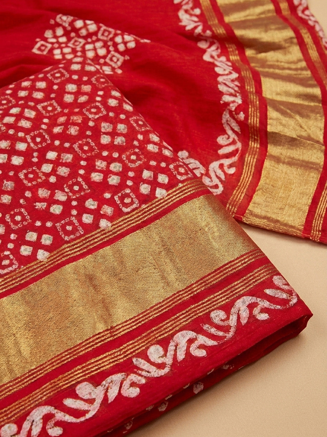 Red Printed Cotton Blend Unstitched Suit &amp; Pant With Cotton Dupatta