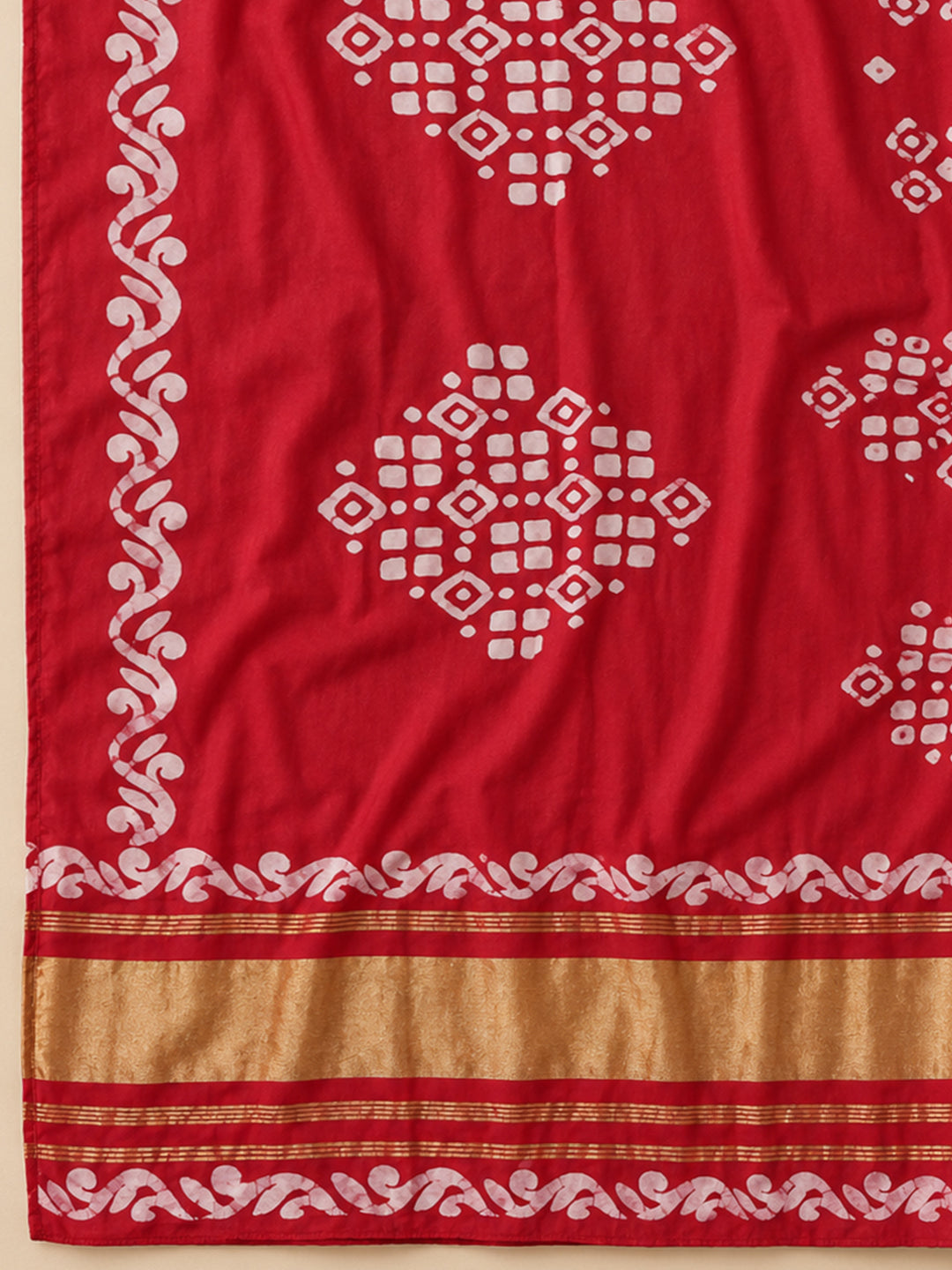 Red Printed Cotton Blend Unstitched Suit &amp; Pant With Cotton Dupatta