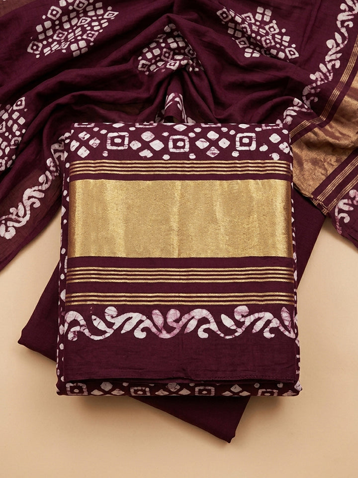 Wine Printed Cotton Blend Unstitched Suit &amp; Pant With Cotton Dupatta