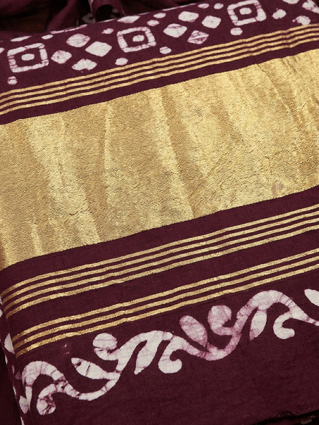 Wine Printed Cotton Blend Unstitched Suit &amp; Pant With Cotton Dupatta