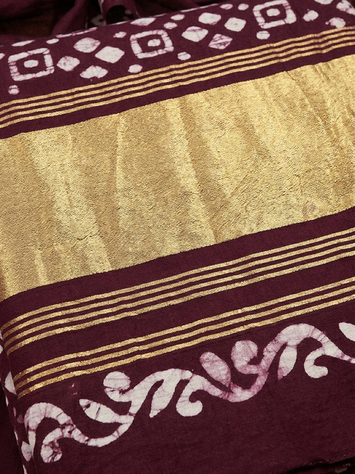 Wine Printed Cotton Blend Unstitched Suit &amp; Pant With Cotton Dupatta
