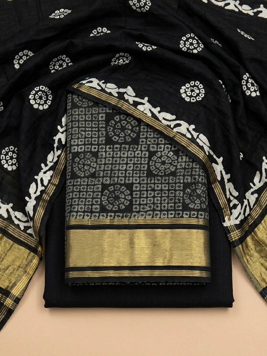Black Printed Cotton Blend Unstitched Suit &amp; Pant With Cotton Dupatta