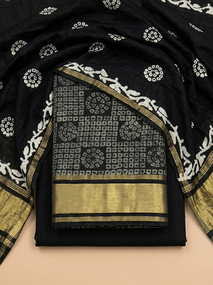 Black Printed Cotton Blend Unstitched Suit &amp; Pant With Cotton Dupatta