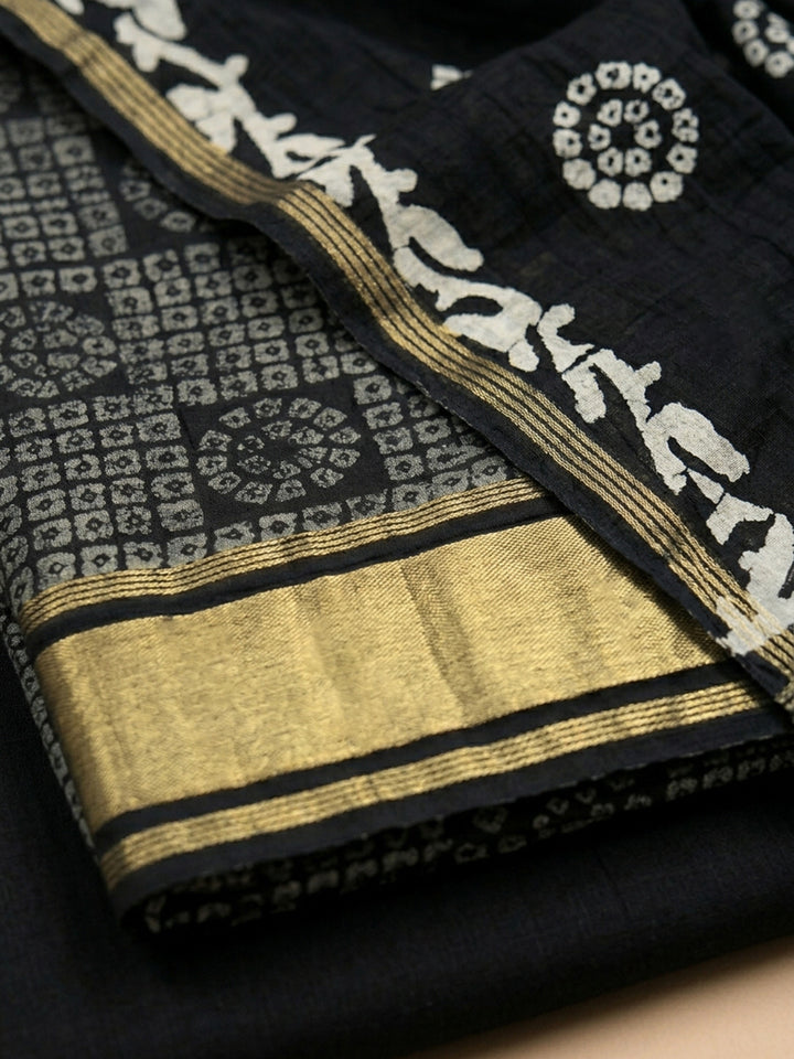 Black Printed Cotton Blend Unstitched Suit &amp; Pant With Cotton Dupatta