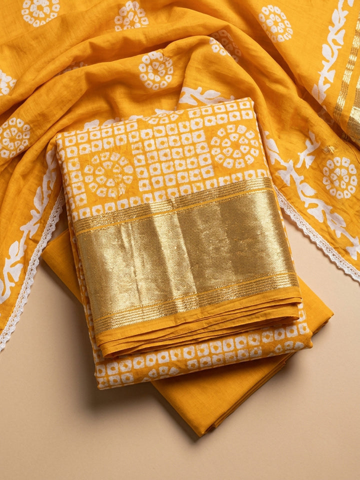 Mustard Printed Cotton Blend Unstitched Suit &amp; Pant With Cotton Dupatta