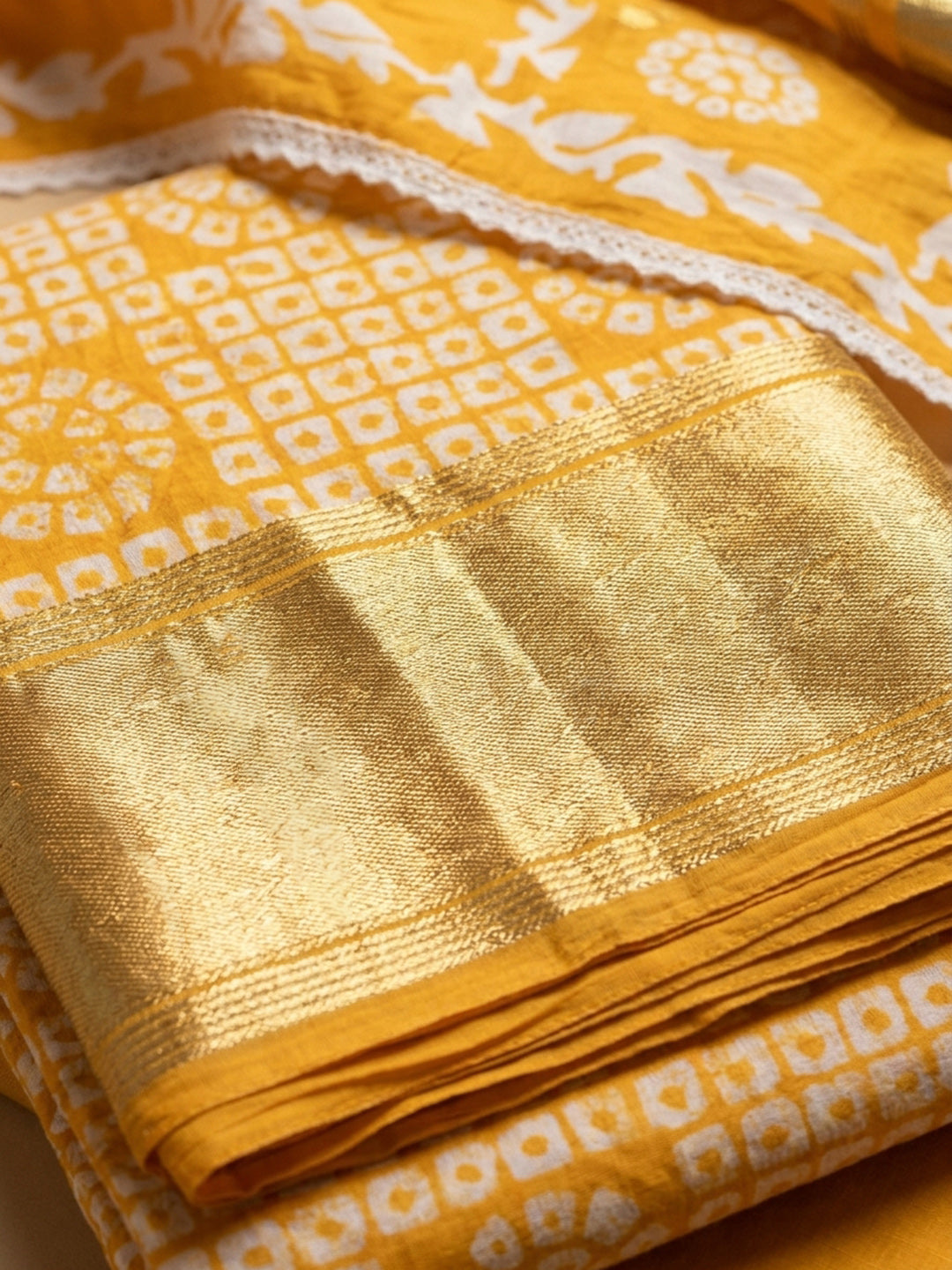 Mustard Printed Cotton Blend Unstitched Suit &amp; Pant With Cotton Dupatta