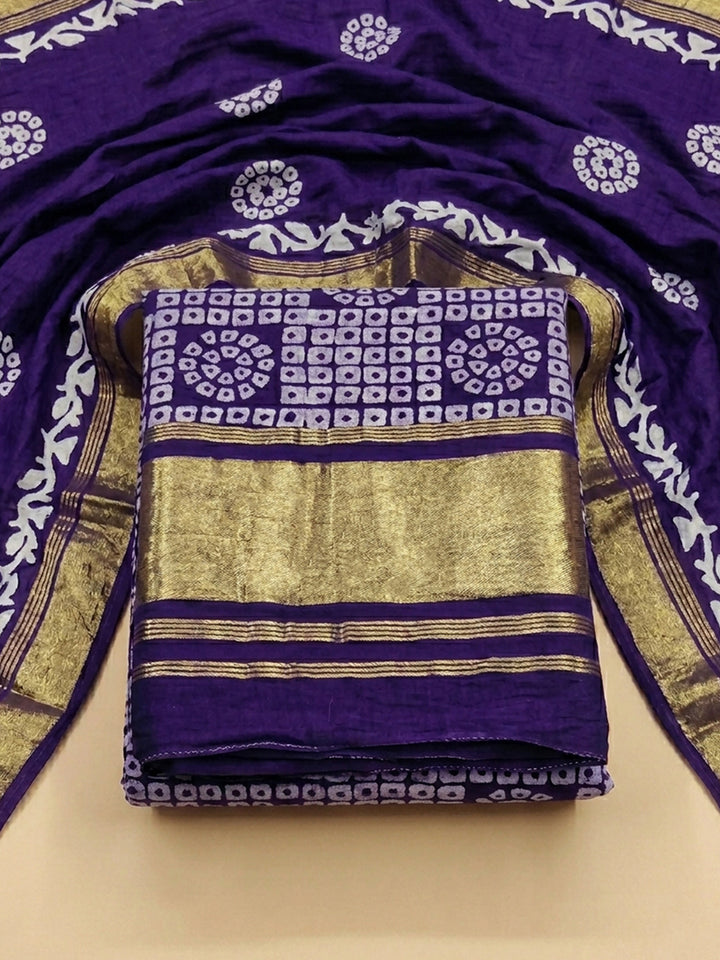 Purple Printed Cotton Blend Unstitched Suit &amp; Pant With Cotton Dupatta