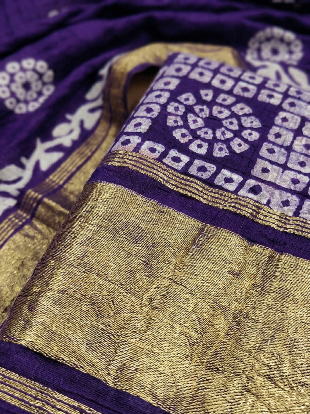Purple Printed Cotton Blend Unstitched Suit &amp; Pant With Cotton Dupatta