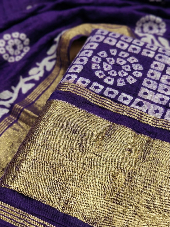 Purple Printed Cotton Blend Unstitched Suit &amp; Pant With Cotton Dupatta