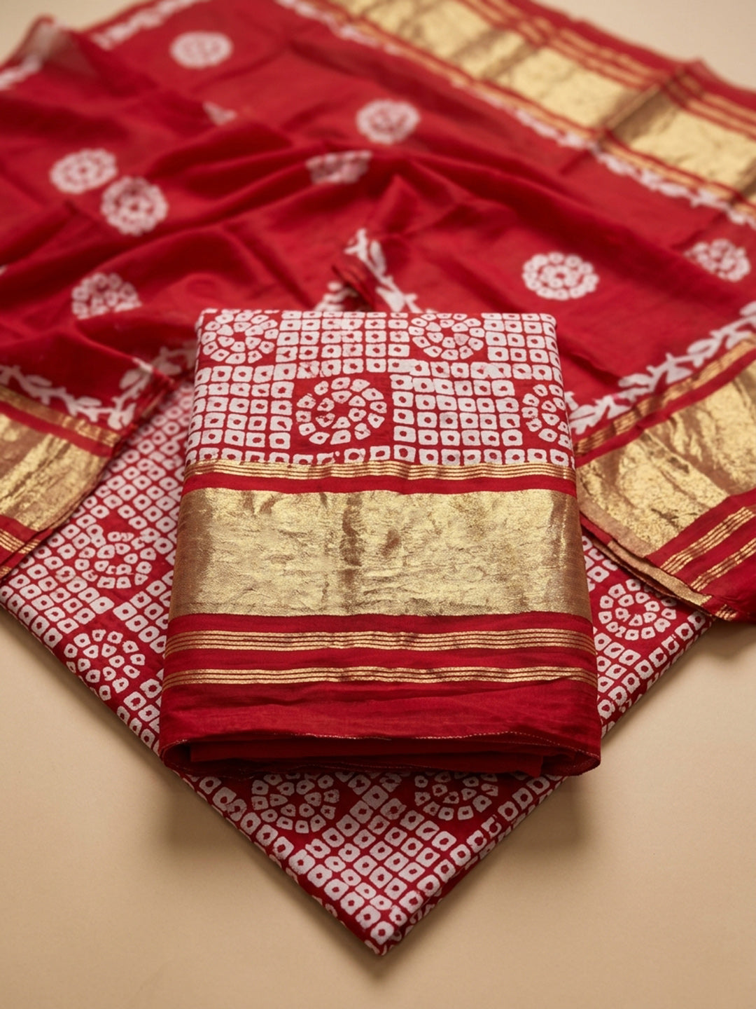 Red Printed Cotton Blend Unstitched Suit &amp; Pant With Cotton Dupatta
