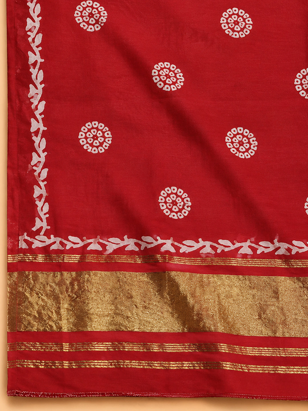 Red Printed Cotton Blend Unstitched Suit &amp; Pant With Cotton Dupatta