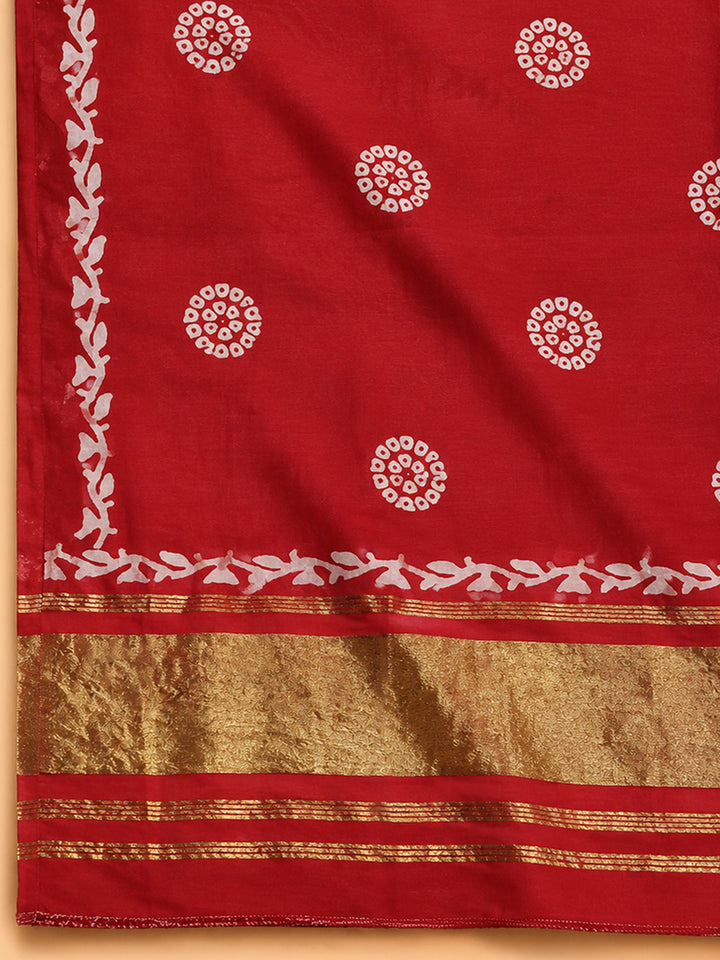 Red Printed Cotton Blend Unstitched Suit &amp; Pant With Cotton Dupatta