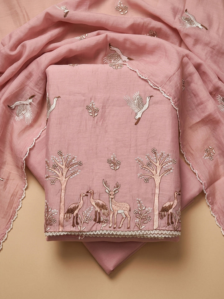Peach Embroidery Chanderi Unstitched Dress Material