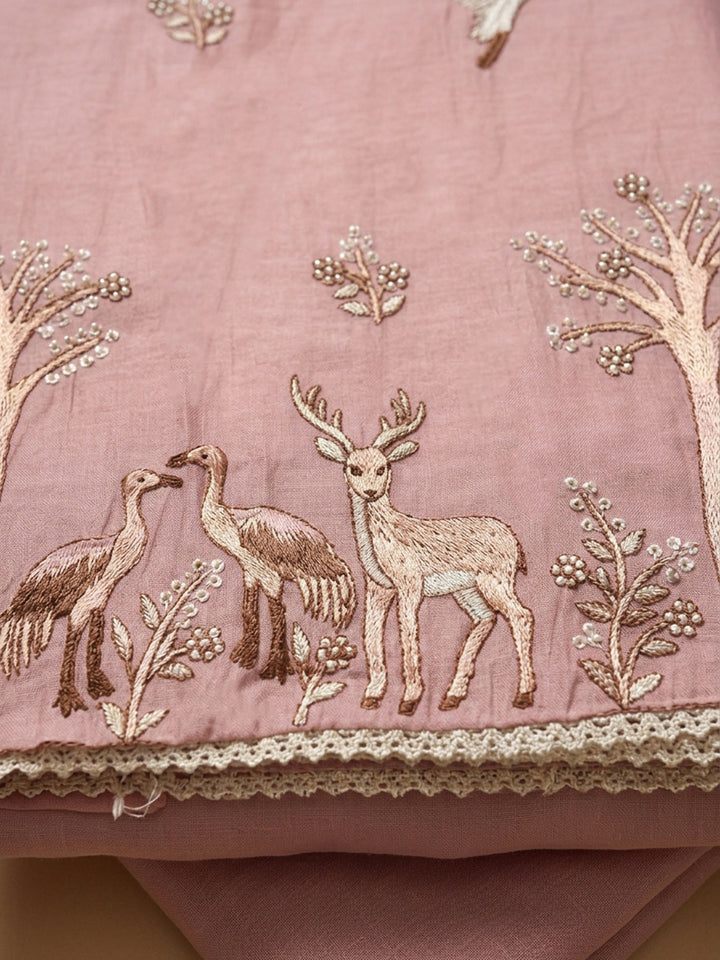 Peach Embroidery Chanderi Unstitched Dress Material
