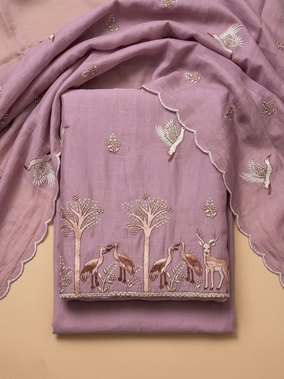 Pink Lavender Embroidery Chanderi Unstitched Dress Material