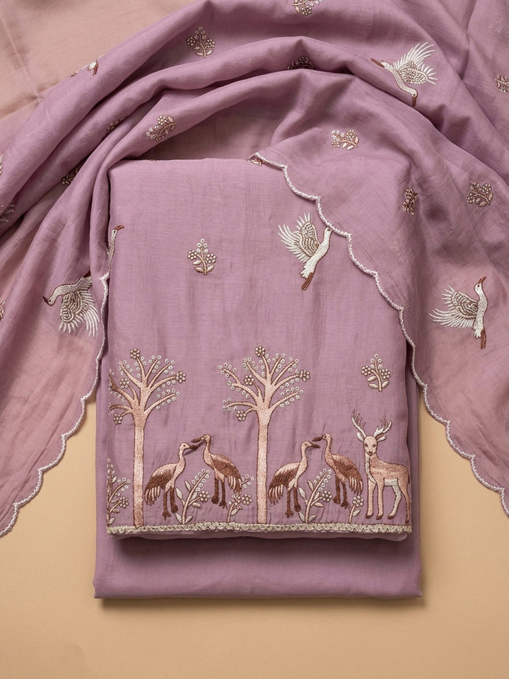 Pink Lavender Embroidery Chanderi Unstitched Dress Material
