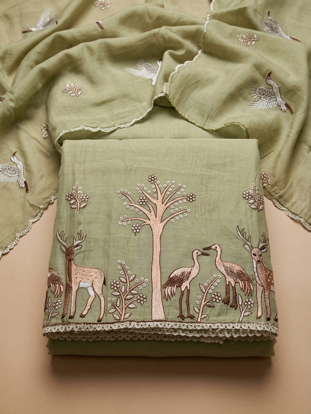 Pista Green Embroidery Chanderi Unstitched Dress Material