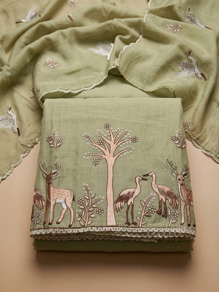 Pista Green Embroidery Chanderi Unstitched Dress Material