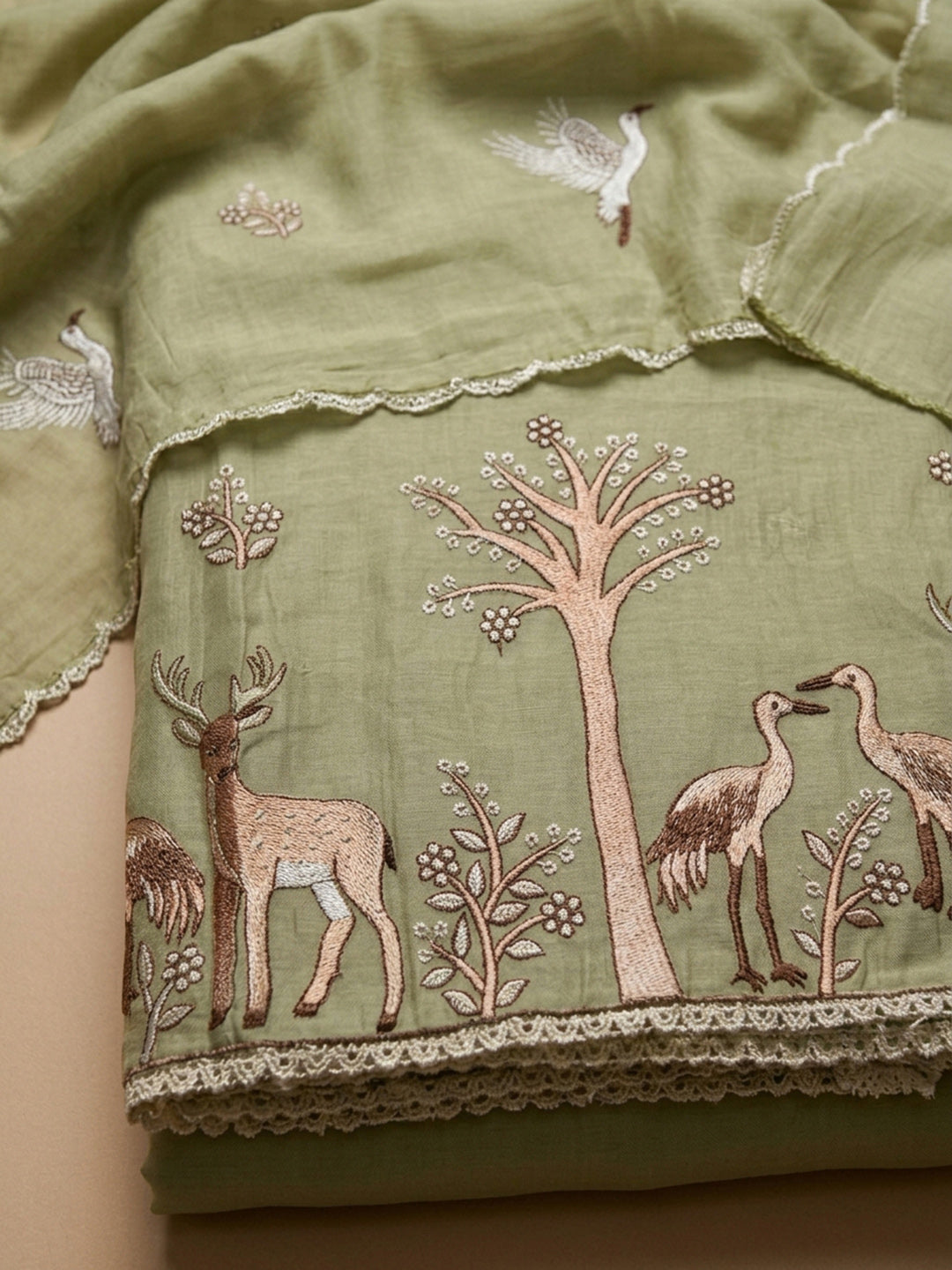 Pista Green Embroidery Chanderi Unstitched Dress Material