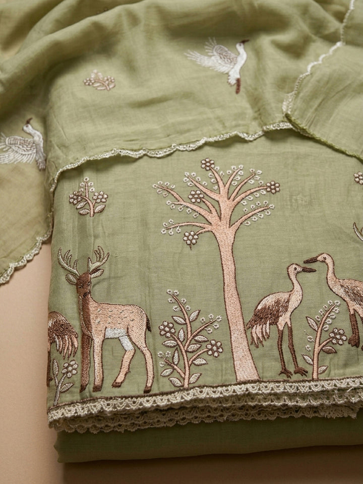Pista Green Embroidery Chanderi Unstitched Dress Material