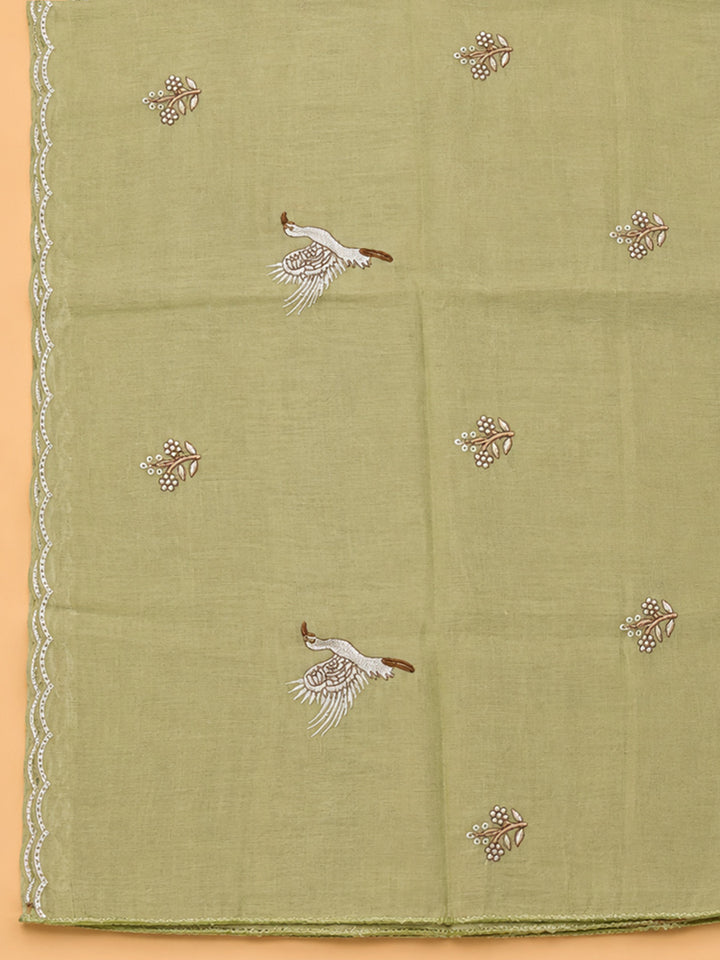 Pista Green Embroidery Chanderi Unstitched Dress Material