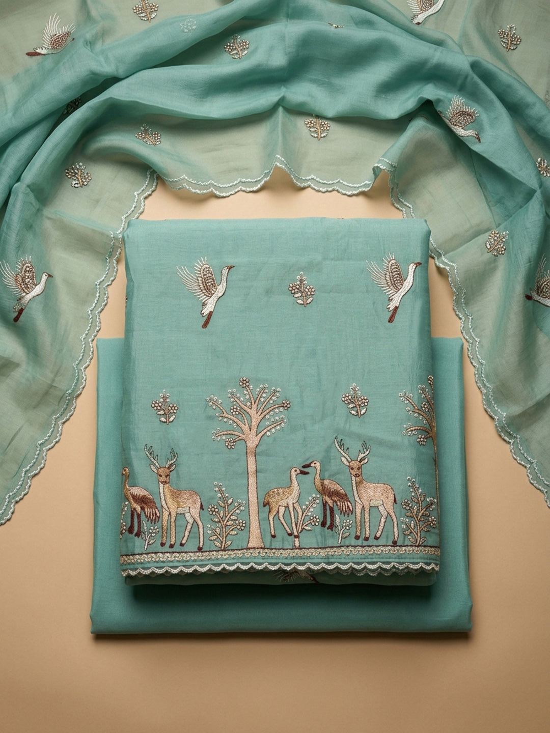 Sky Blue Embroidery Chanderi Unstitched Dress Material
