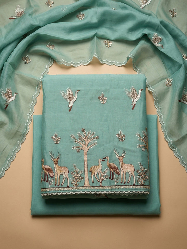 Sky Blue Embroidery Chanderi Unstitched Dress Material