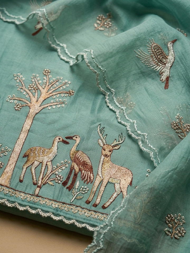 Sky Blue Embroidery Chanderi Unstitched Dress Material