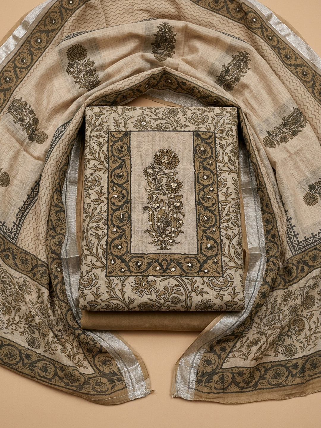 Beige Printed Linen Blend Unstitched Dress Material