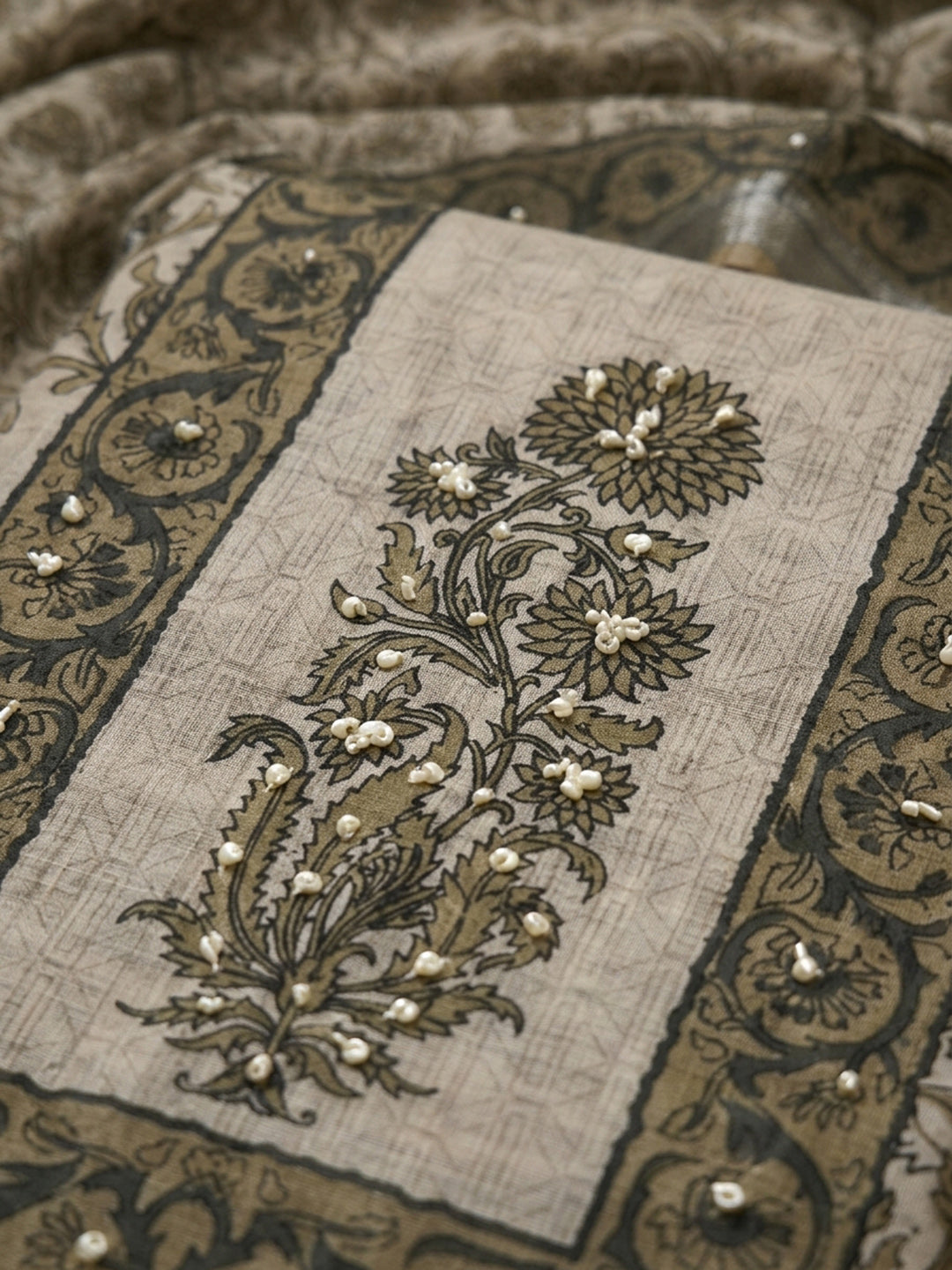 Beige Printed Linen Blend Unstitched Dress Material