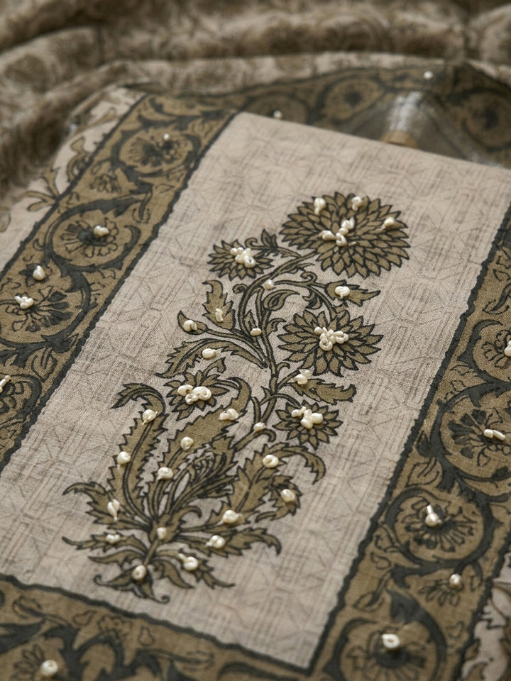 Beige Printed Linen Blend Unstitched Dress Material