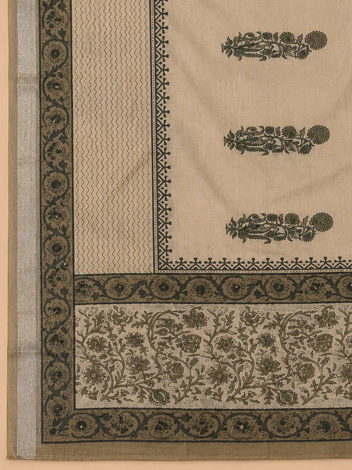 Beige Printed Linen Blend Unstitched Dress Material