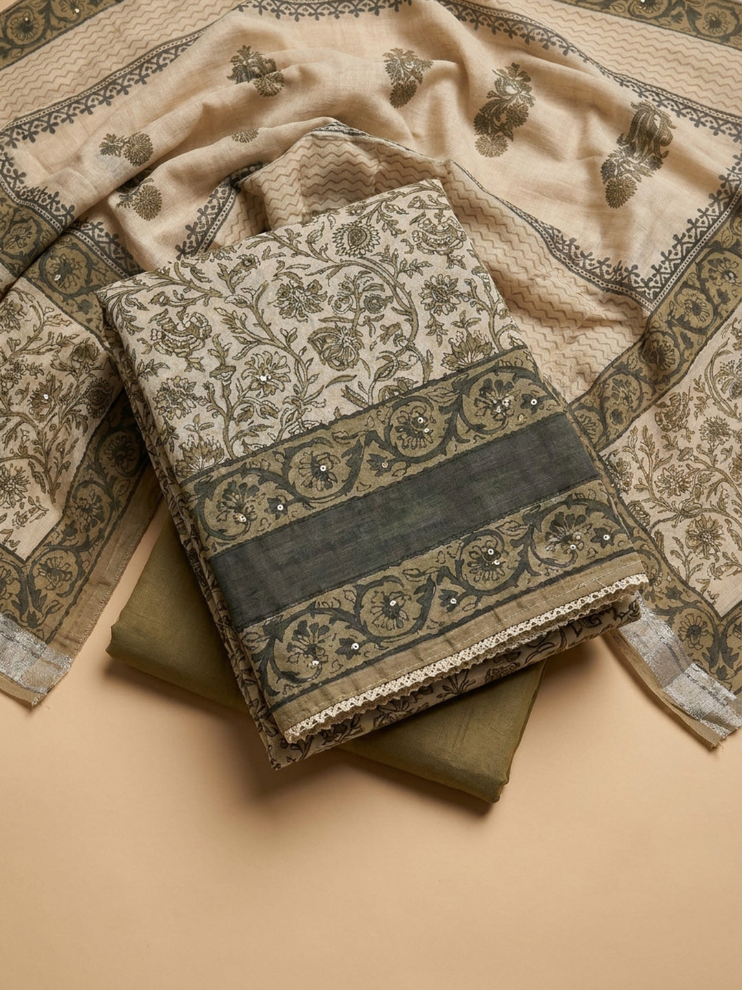 Beige Printed Linen Blend Unstitched Dress Material