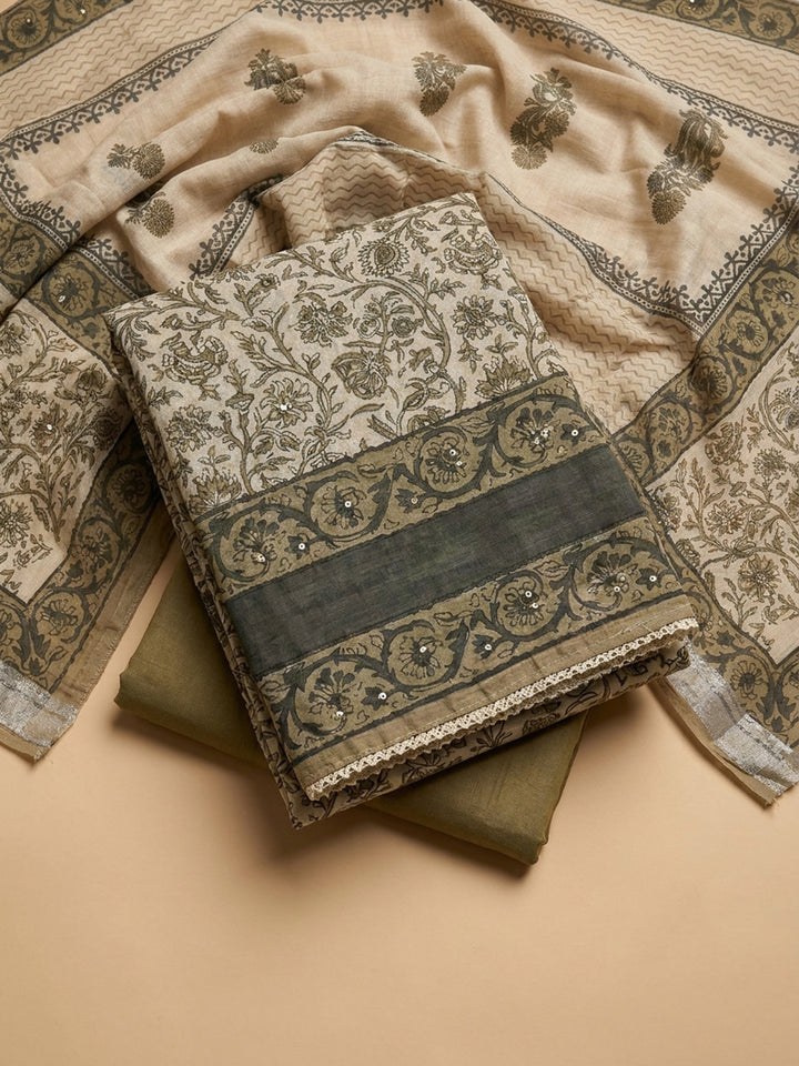 Beige Printed Linen Blend Unstitched Dress Material