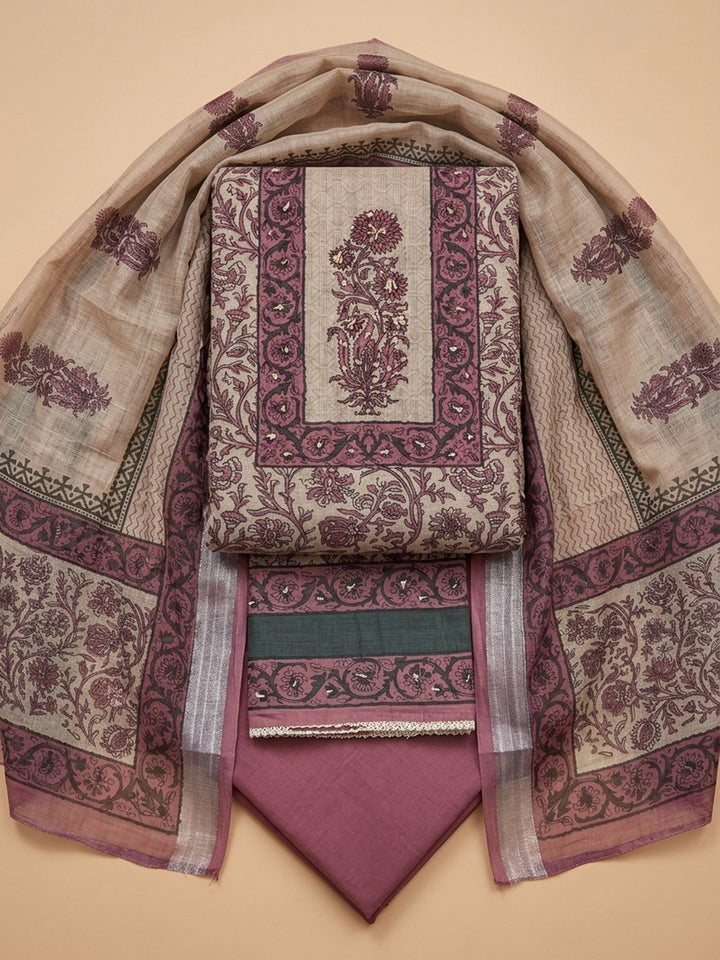 Onion Pink Printed Linen Blend Unstitched Dress Material