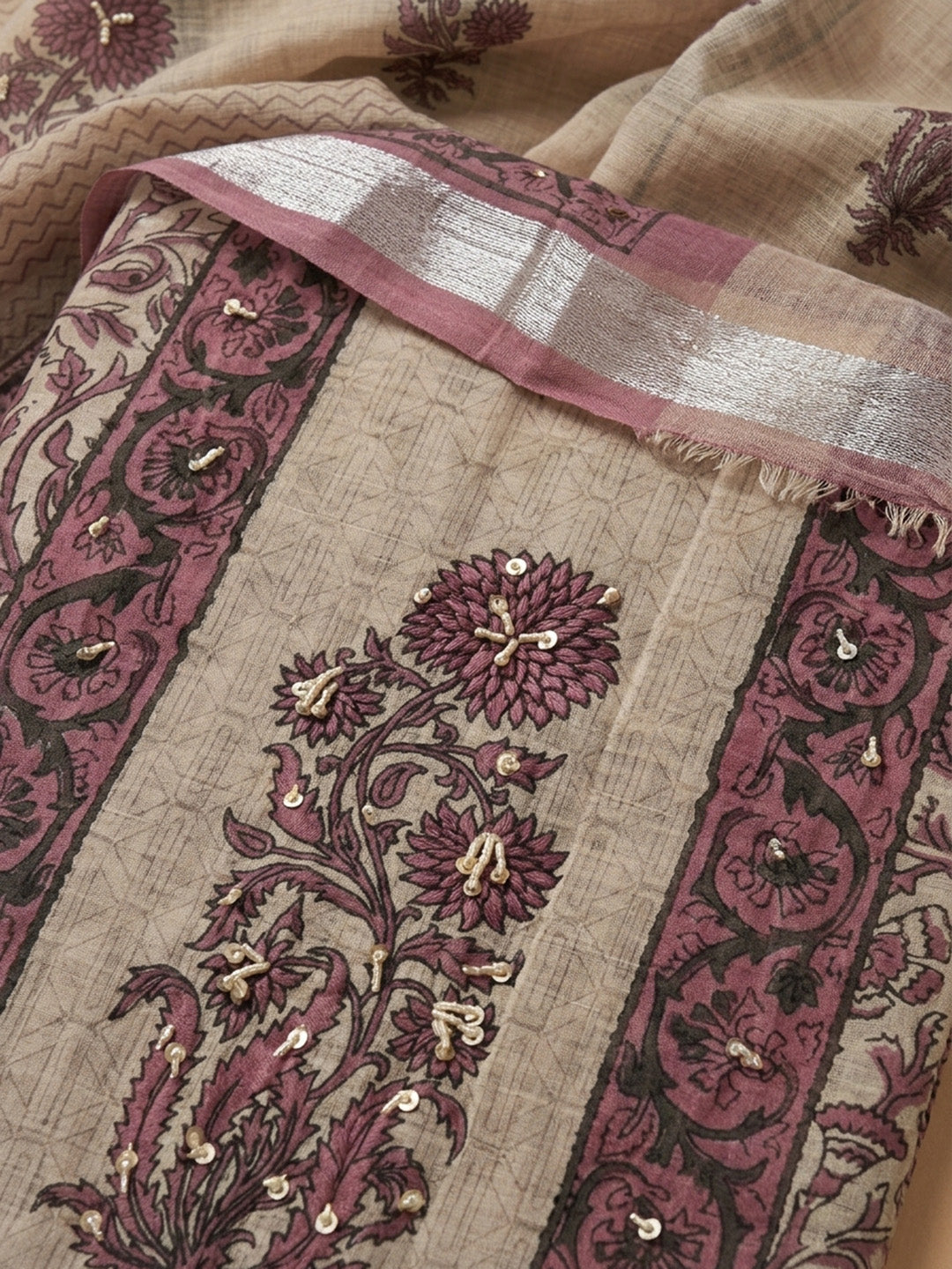 Onion Pink Printed Linen Blend Unstitched Dress Material