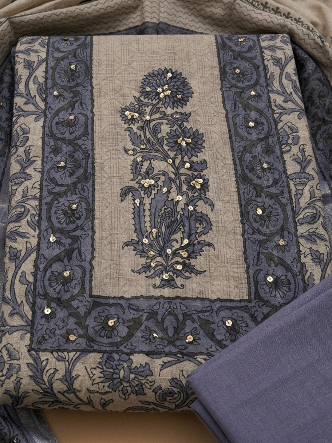 Purple Printed Linen Blend Unstitched Dress Material