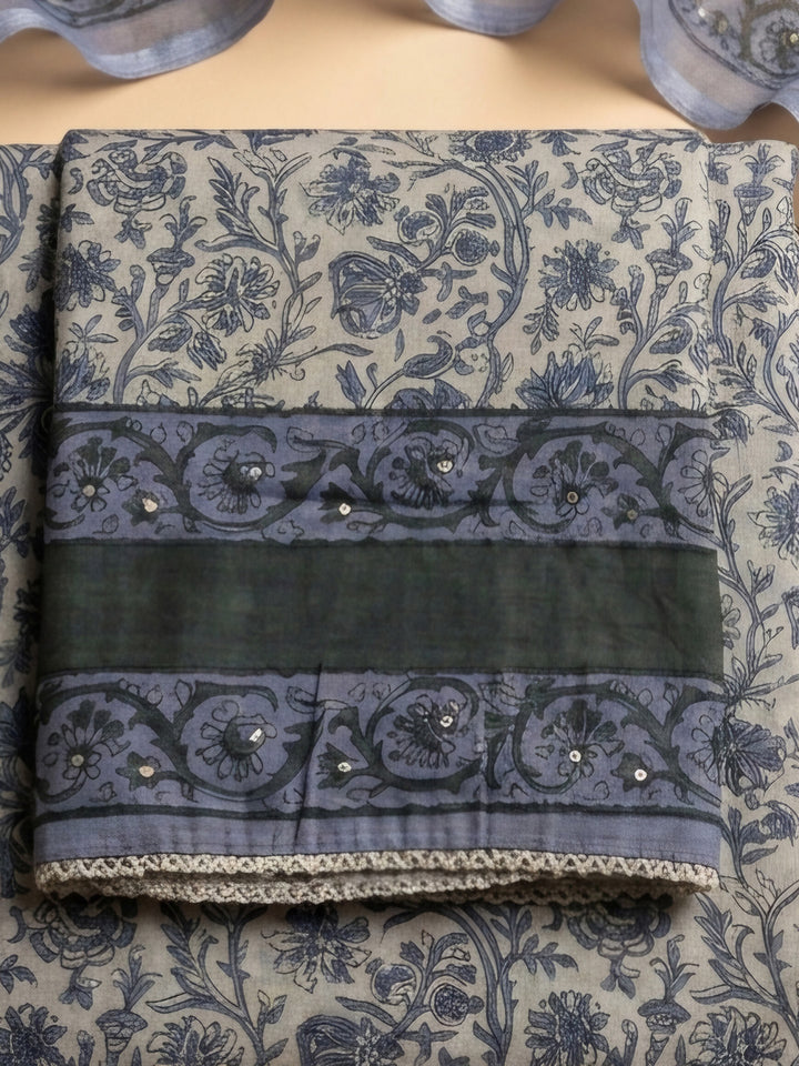 Purple Printed Linen Blend Unstitched Dress Material